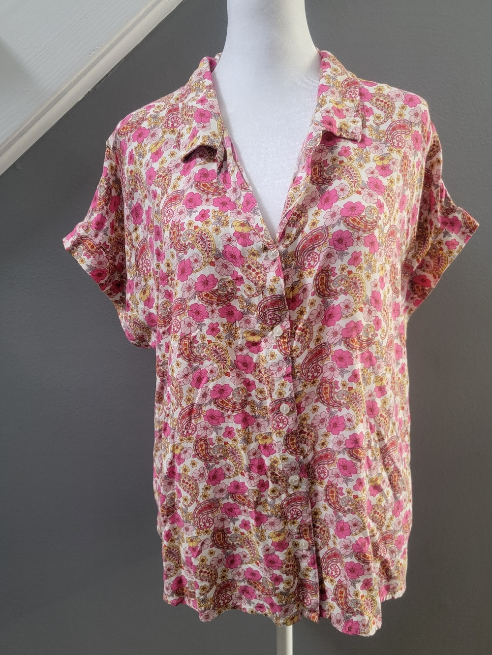 Lucky Brand Top Womens Large Pink Floral/Paisley Print Button Down  Lightweight